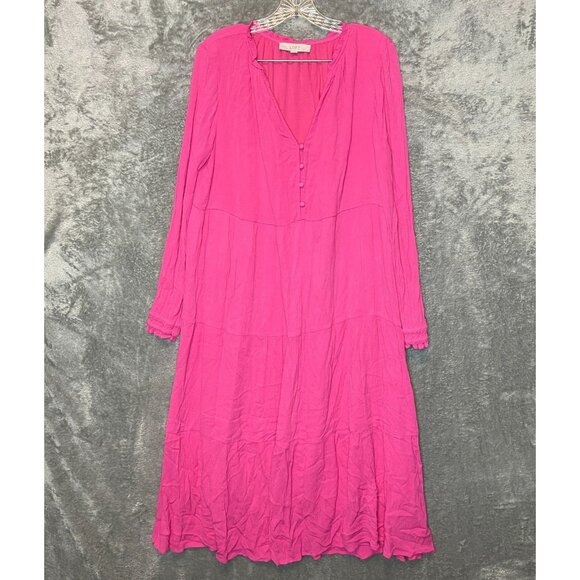 LOFT Women Colorful Bright Pink Solid Wrinkled Tiered Long Sleeve Maxi Dress L - Picture 1 of 10